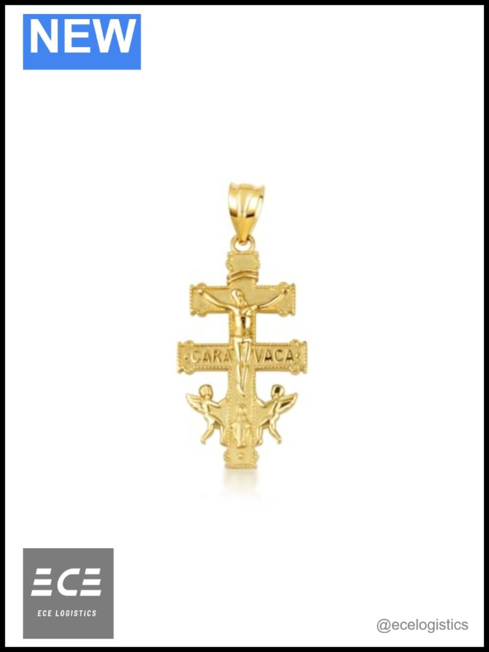 14K Solid Gold Caravaca Angels Cross Crucifix Pendant Necklace
